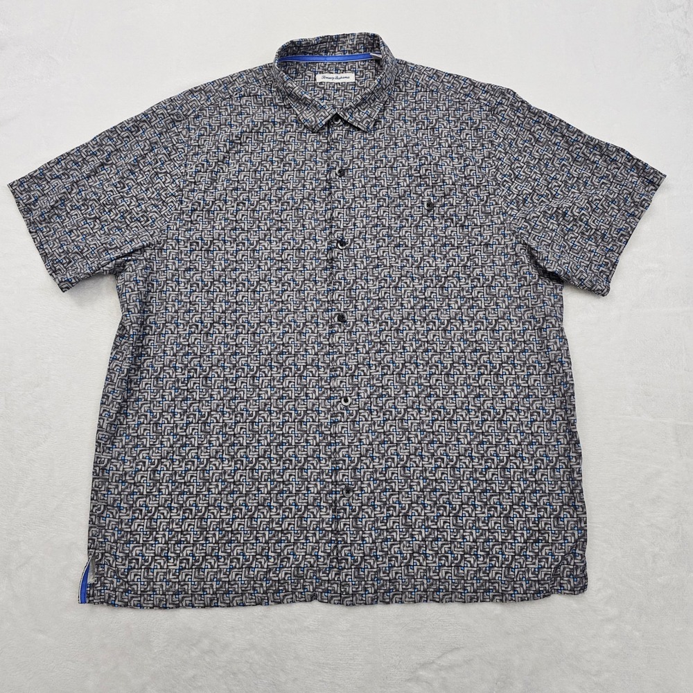 Tommy Bahama Shirt Mens XXL Grey Blue Geometric Silk Hawaiian Resortwear Beach - Picture 2 of 11